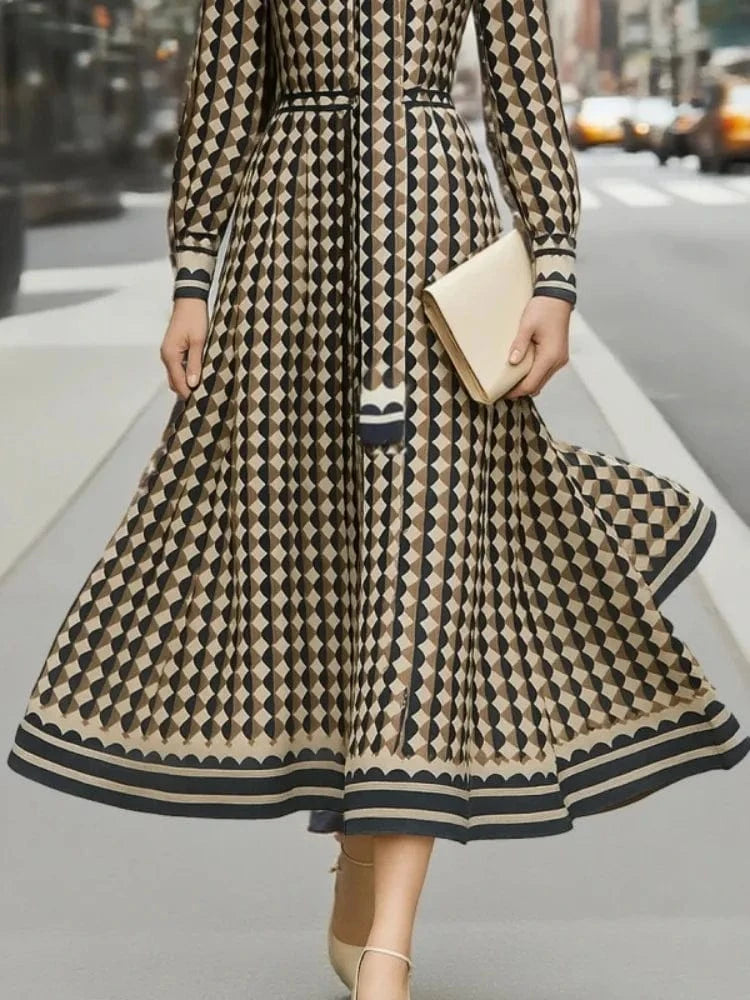 Beautyblue Women's Dress Long Sleeve Stand Collar Maxi Dresses Fashion Geometric Rhombus Loose Elegant High Waist Female Rube