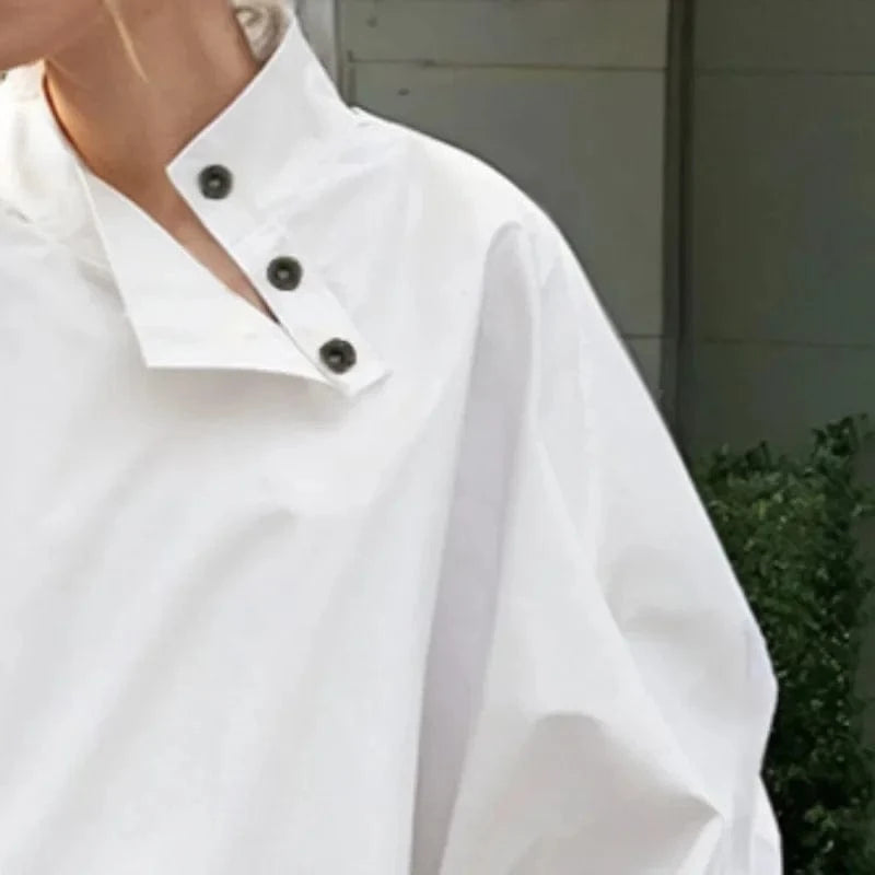 Beautyblue Women's Ubran Blouses White Shirts Tops Fashion Cotton Stand Collar Loose Long Sleeves Buttons Simple Women Clothing