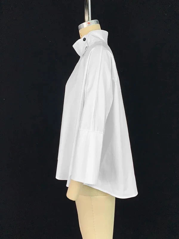 Beautyblue Women's Ubran Blouses White Shirts Tops Fashion Cotton Stand Collar Loose Long Sleeves Buttons Simple Women Clothing