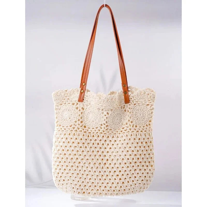 Beige / 38x27cm Ladies Beach Leisure Shoulder Bags Women's Summer Artistic Weaving Crochet Tote Handbags Female Retro Hollow Solid Crossbody Bag