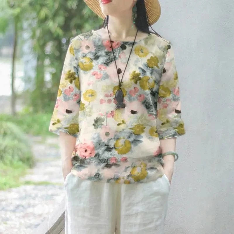 beige / 5XL ZANZEA Women Cotton Linen Blouses 2024 Summer Bohemian Floral Printed Blusas Fashion 3/4 Sleeve O-Neck Top Casual Loose Shirts