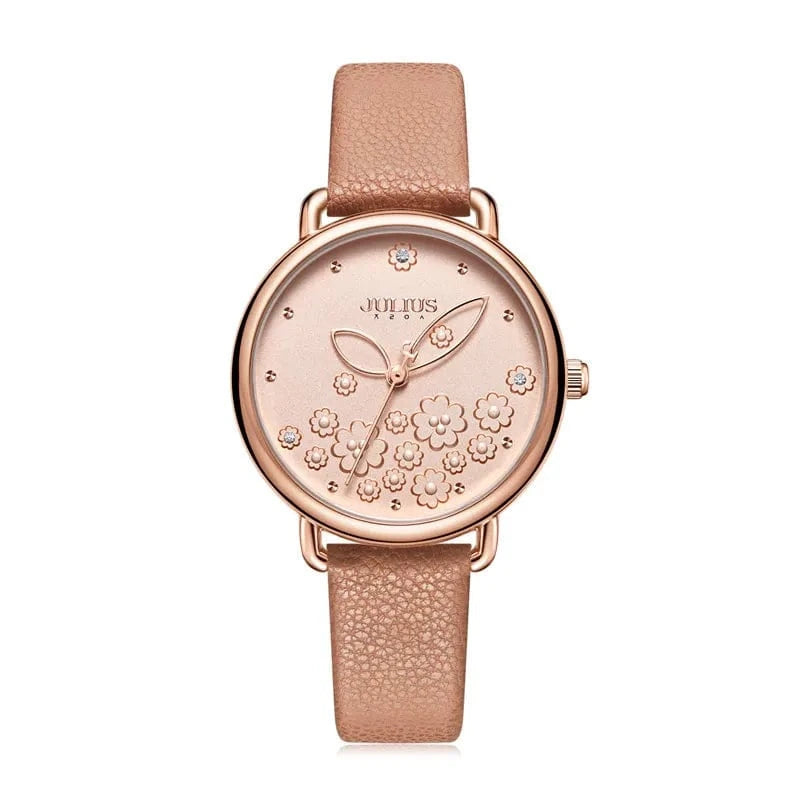 Beige Four-leaf Clover Flower Elegant Women's Watch Japan Mov't Lady Hours Fine Fashion Real Leather Bracelet Girl's Gift Julius Box
