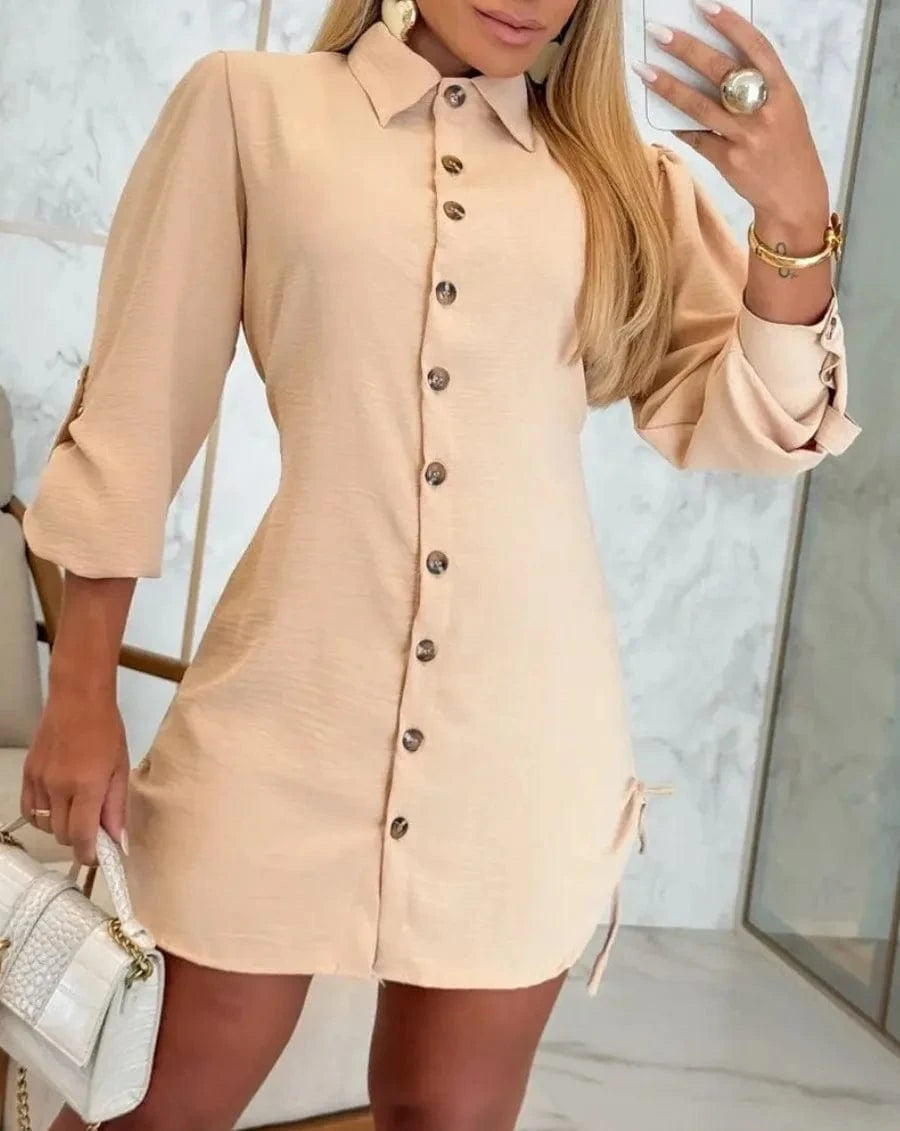 Beige / M Women's Fashion Summer Minimalist V-neck Button Up Dress Woman Cotton Linen White Short Sleeved Pocket Casual Loose Shirt Dress