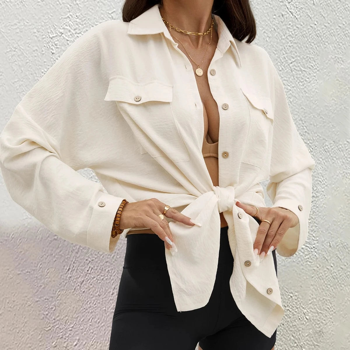 Beige / M Women's modern swimsuit smock shirt Button up shirt dress top