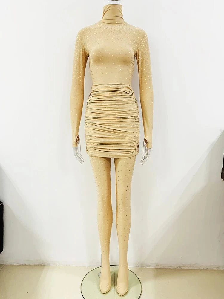 Beige / S HIGH STREET Newest Designer Suit Set Women's Diamonds Crystal Strechy Playsuit Tops Draped Mini Skirt Legging Pants 3pcs Set