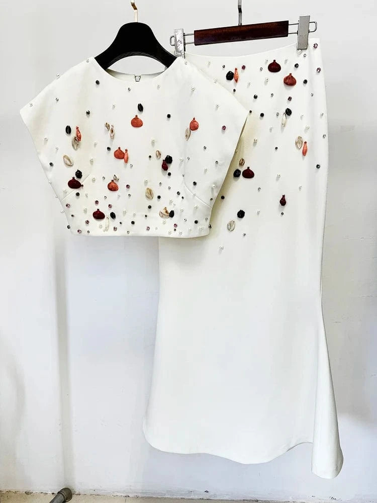Beige / S HIGH STREET Newest Fashion 2025 S/S Designer Runway Suit Set Women's Shells Beaded Cropped Tops Mermaid Long Skirt Set 2pcs