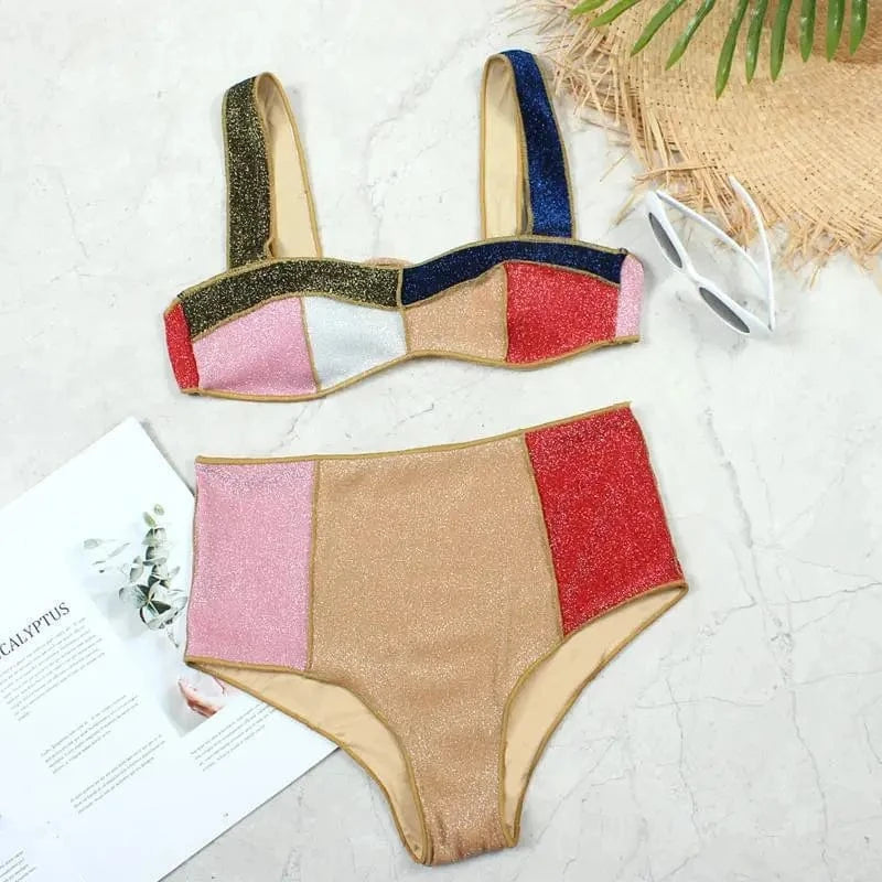 Beige / S Swimsuit New Bikini High Waist Women's Gold Silk Color Printed Swimsuit Swimwear