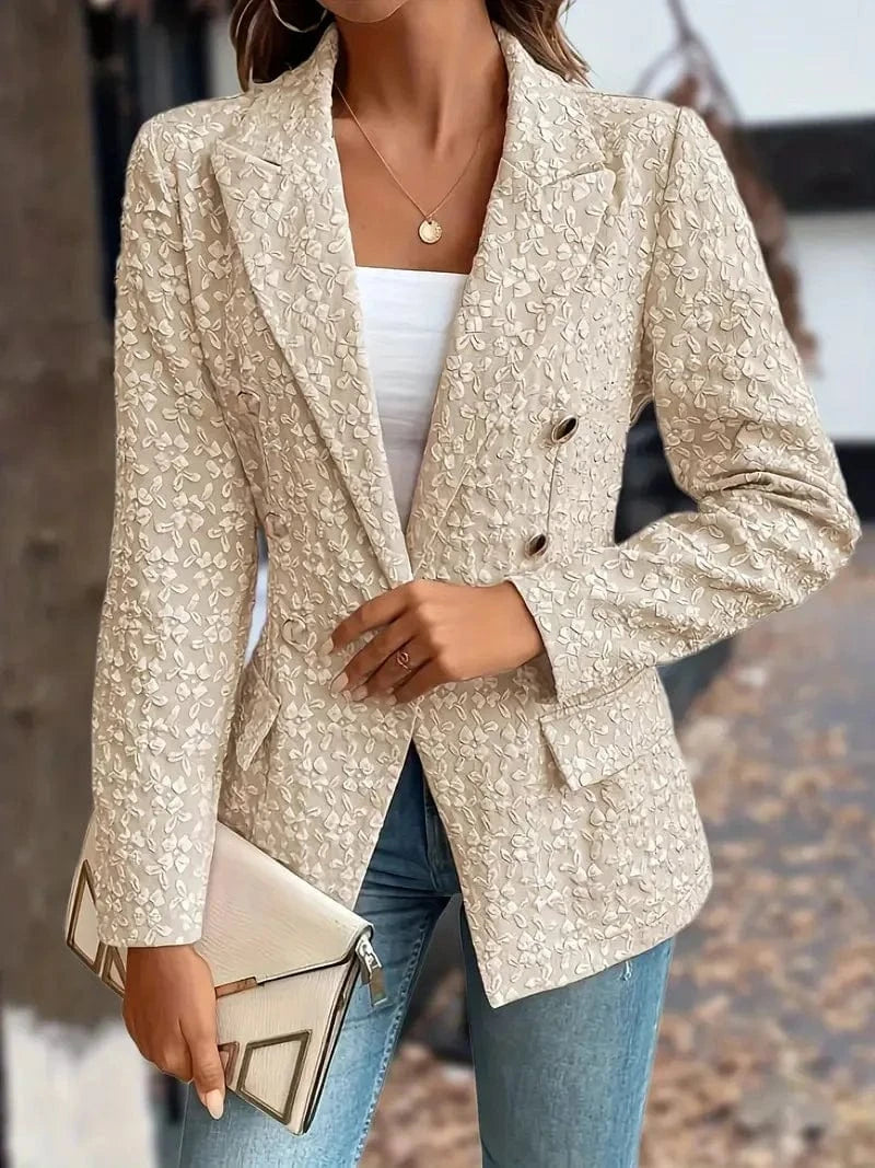 Beige / S Women Fashion Blue Blazer Jacket 2024 New Office Lady Double Breasted Pockets Vintage Female Coat