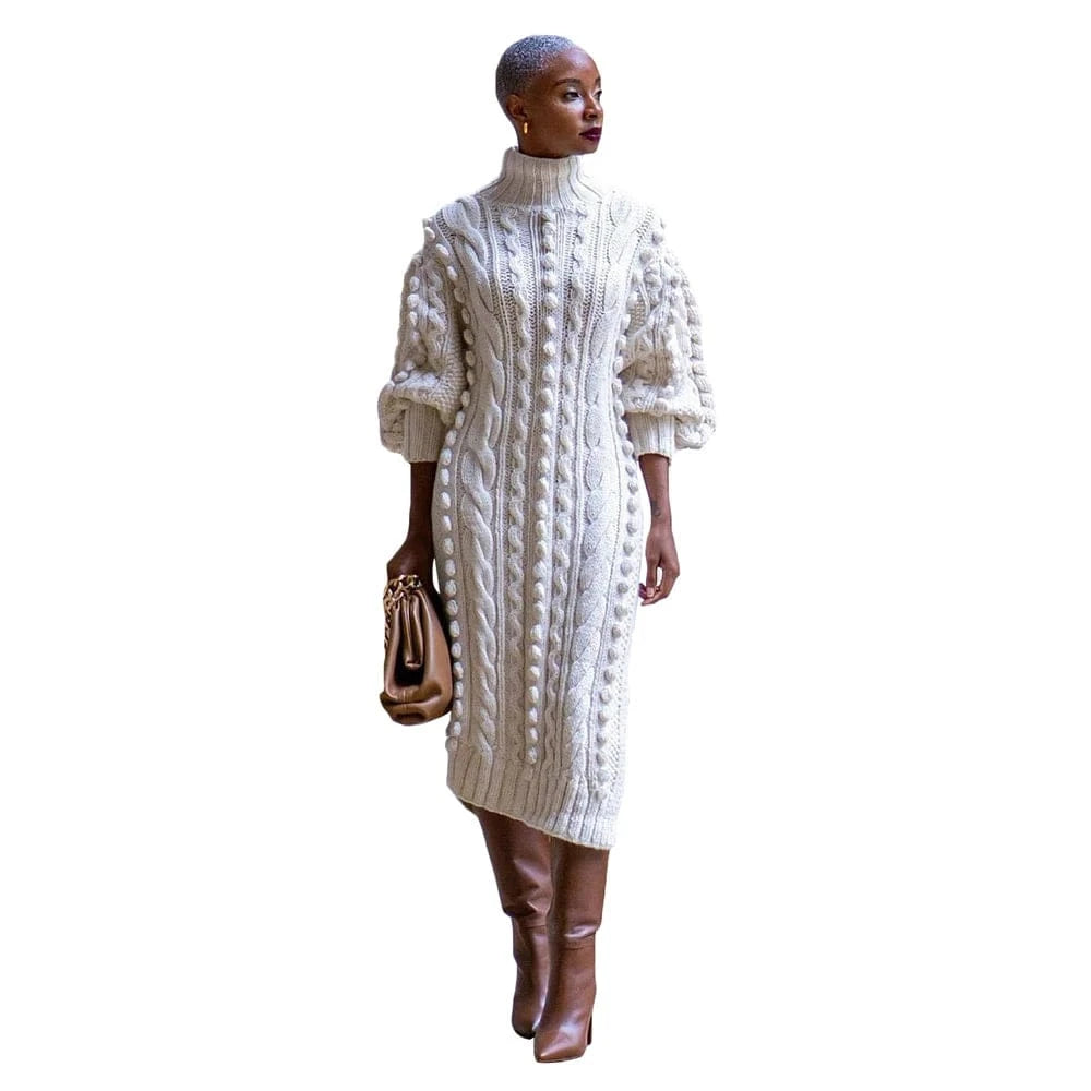 Beige / S Womens Knitted Dresses High Neck Long Sleeve Sweater Dress with Split Ladies Vintage Knit Midi Dress Casual Fashion Winter