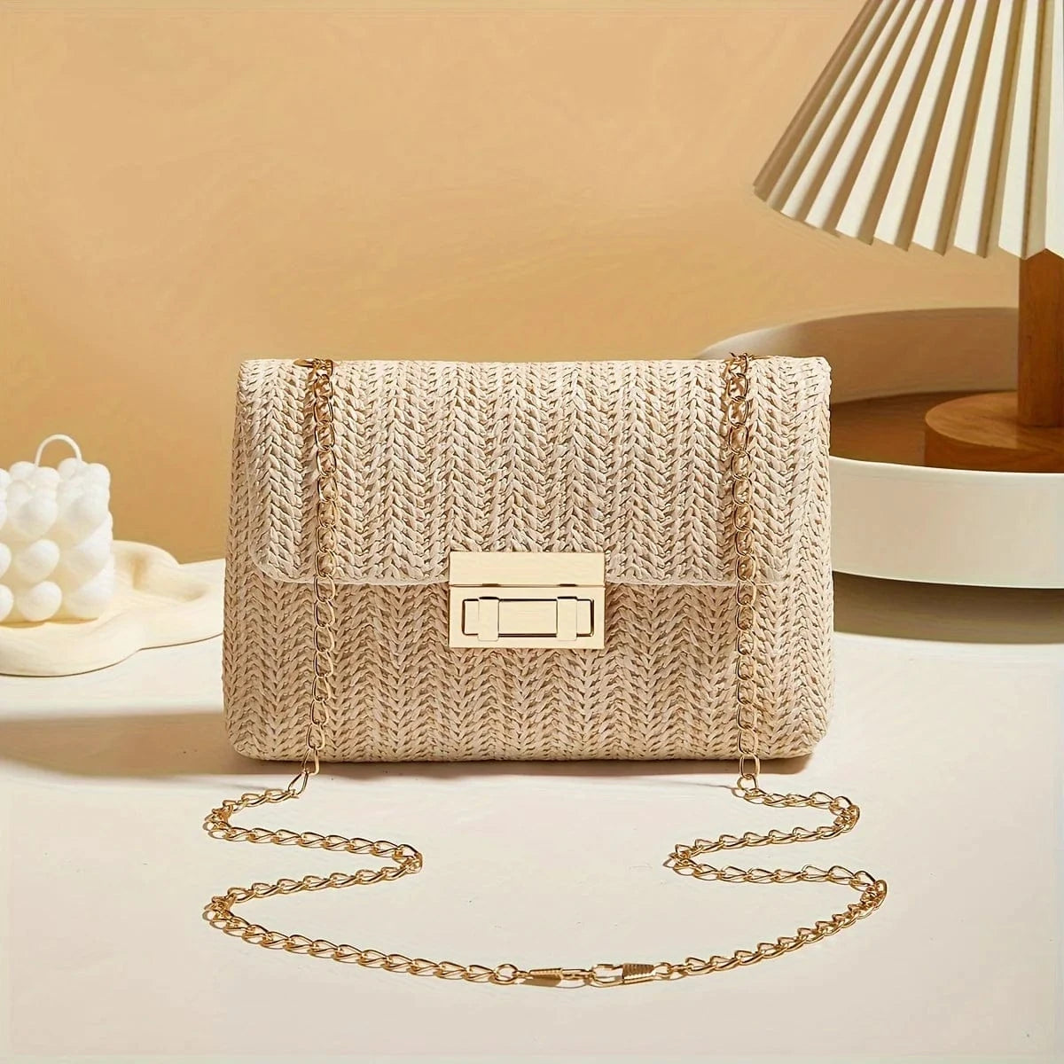 Beige Woven Straw Handwoven Women's Shoulder Bag, Fashion Solid Color Crossbody Purse with Lock Closure
