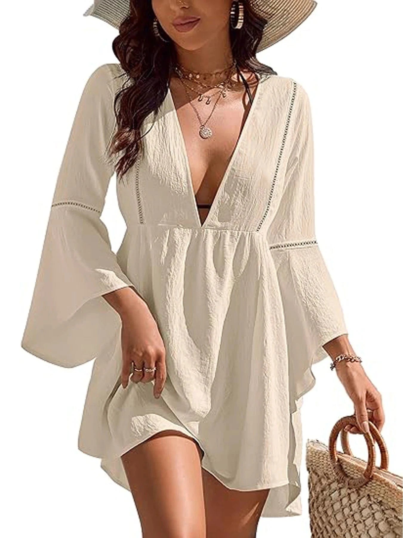 Beige / XL 2025 Summer Women's V - Neck Chiffon Swimwear Cover - up Beach Dress