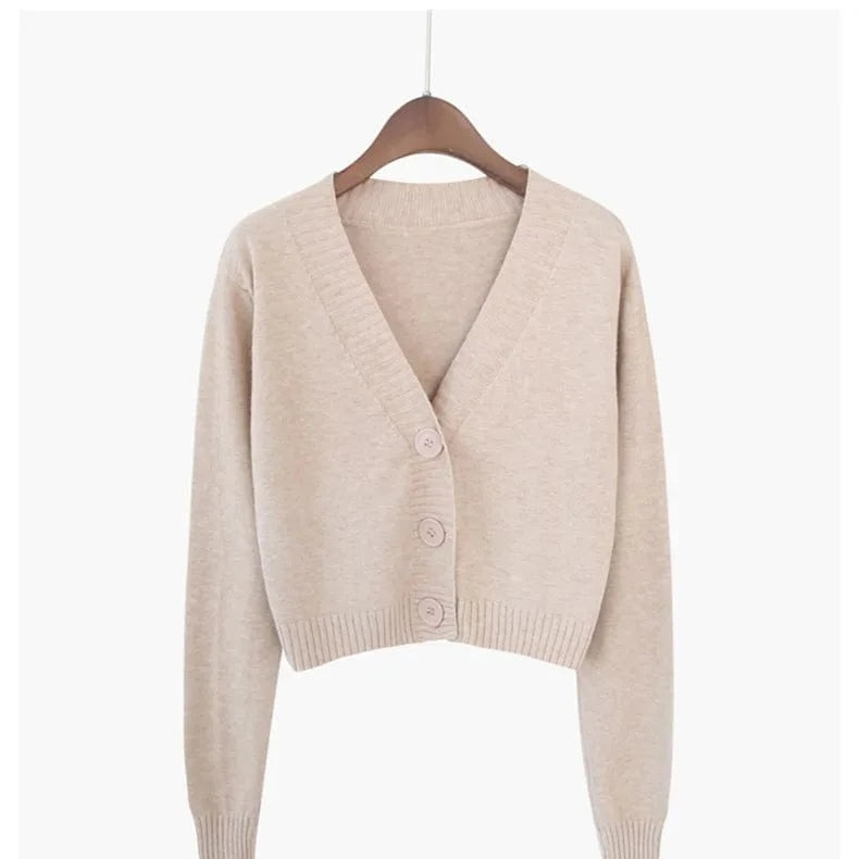 Beige / XL Knitted Cropped Cardigan Women Korean Short Sweater Long sleeve Crop Top V neck Fashion Y2k Clothes Green Blue