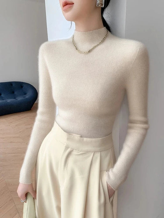Beige / XL Women 100% Cashmere Sweater Mock Neck Pullover Autumn Winter Slim Basic Cashmere Knitwear Soft Warm High Strecth Pullover Tops