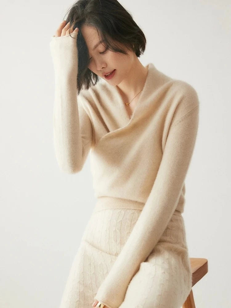 Beige / XL Women's 100% Cashmere Sweater Crossover Collar Pullover Office Lady Basic Grace Cashmere Knitwear Autumn Winter Tops