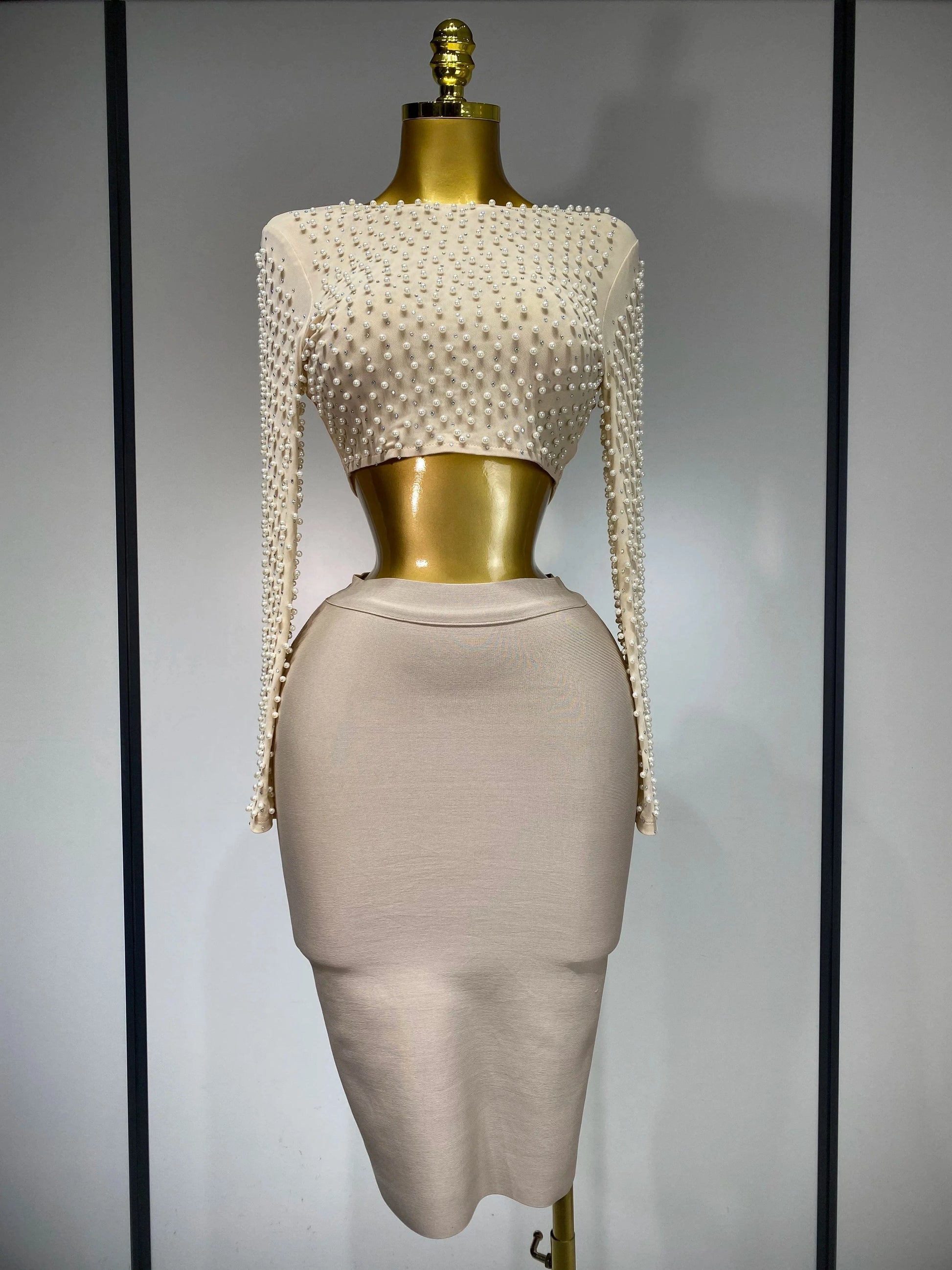 Beige / XS Women Sexy Long Sleeve Mesh Pearl Top Celebrity Midi Women Bandage Set 2025 Designer Evening Party Luxury Birthday Two Piece Set