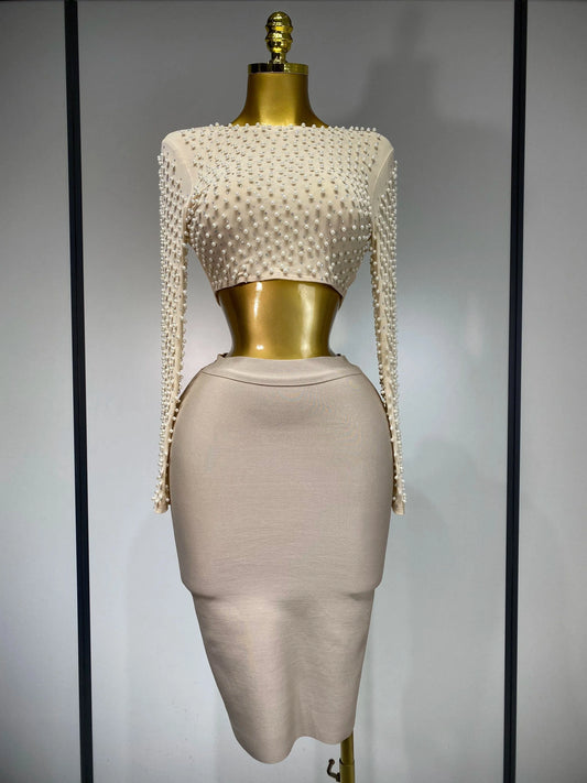 Beige / XS Women Sexy Long Sleeve Mesh Pearl Top Celebrity Midi Women Bandage Set 2025 Designer Evening Party Luxury Birthday Two Piece Set