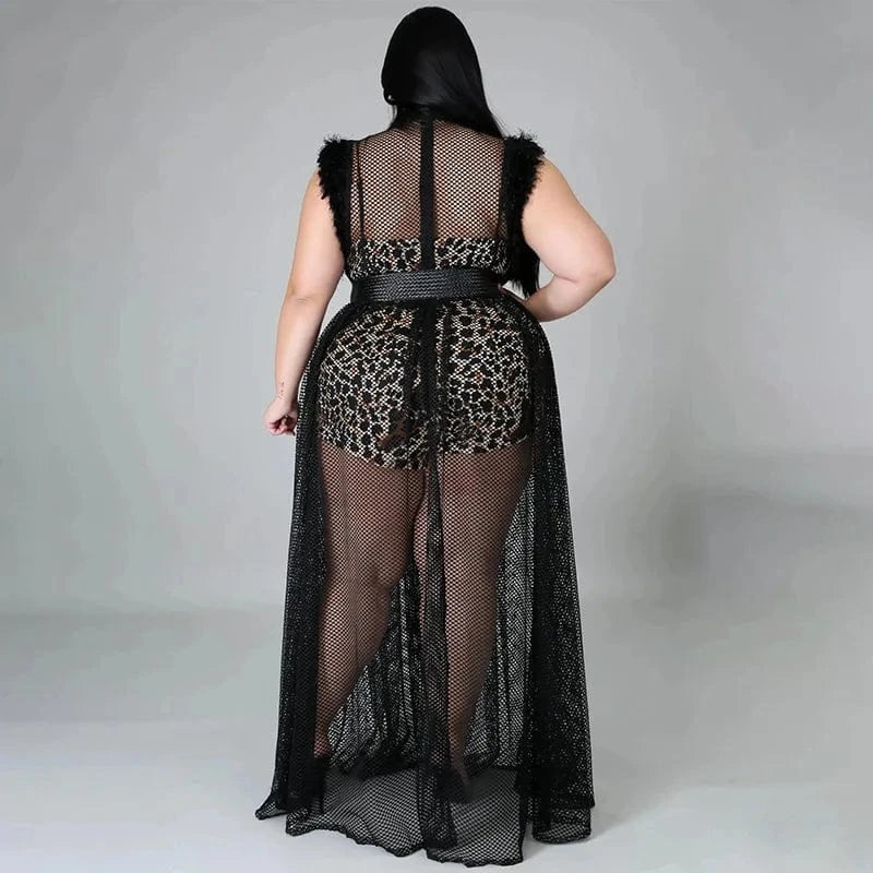 best selling dropshipping products 2024 women's temperament see-through sexy mesh long skirt plus size dress two piece set