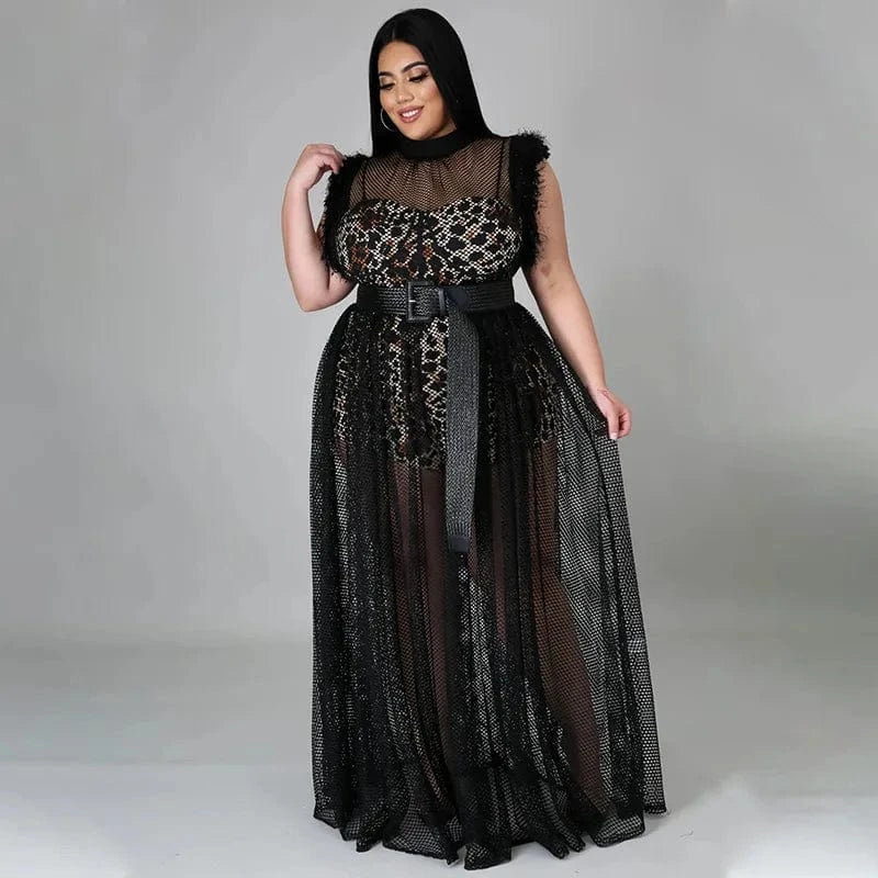 best selling dropshipping products 2024 women's temperament see-through sexy mesh long skirt plus size dress two piece set