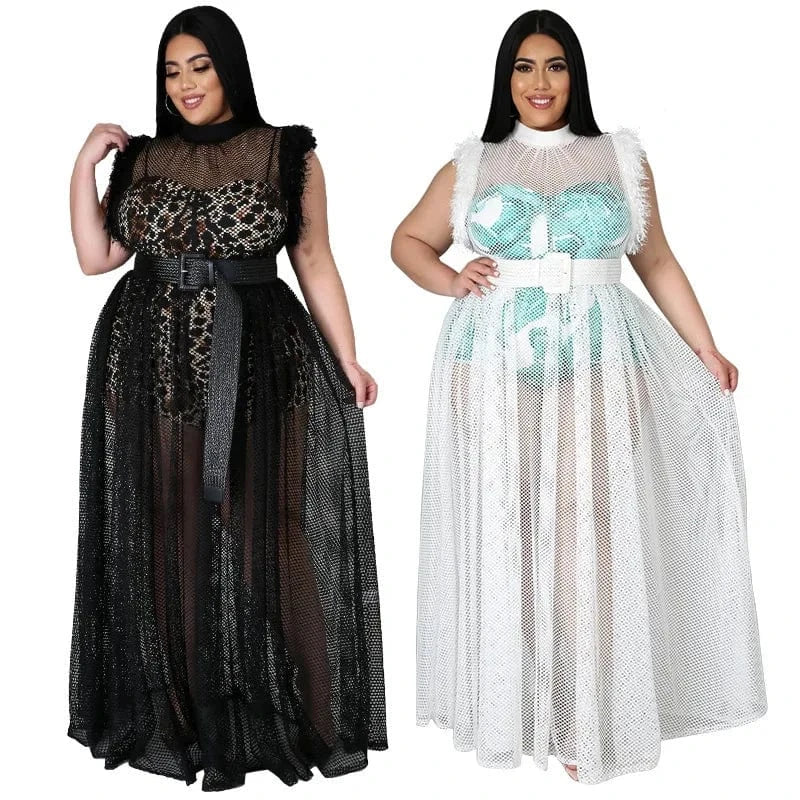 best selling dropshipping products 2024 women's temperament see-through sexy mesh long skirt plus size dress two piece set