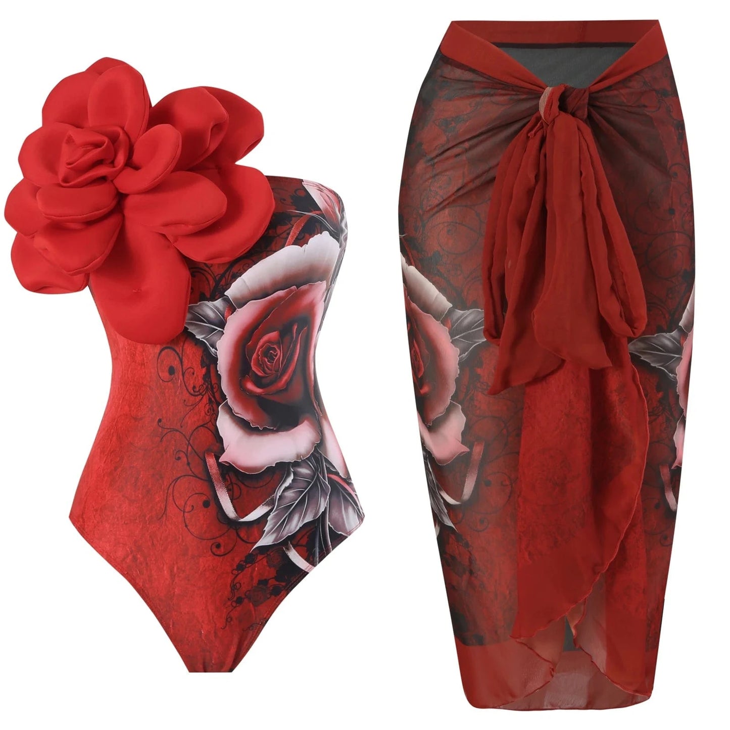 Bestway New Arrivals Big Flower Floral Printed Swimsuit with Beach Skirt Bathing Suit For Women Swimwear 2024 ready to ship OEM