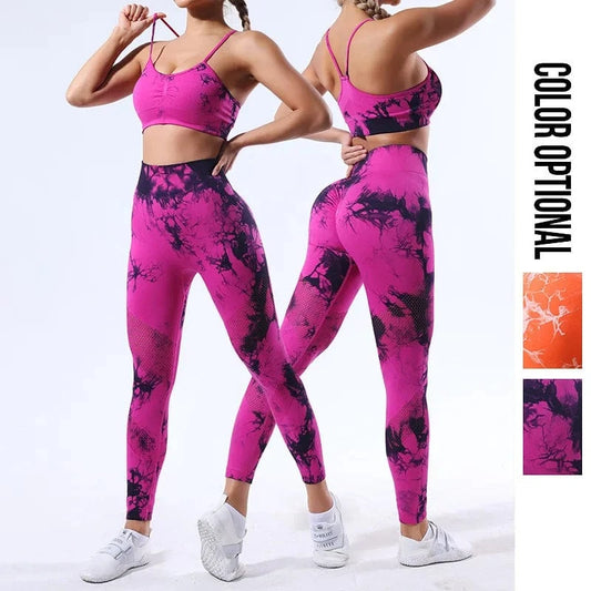 BESTWAYCLOX 2024 new outfit bodysuit Quick drying sexy tie dyed sportswear seamless yoga set hip lifting tight yoga pants set