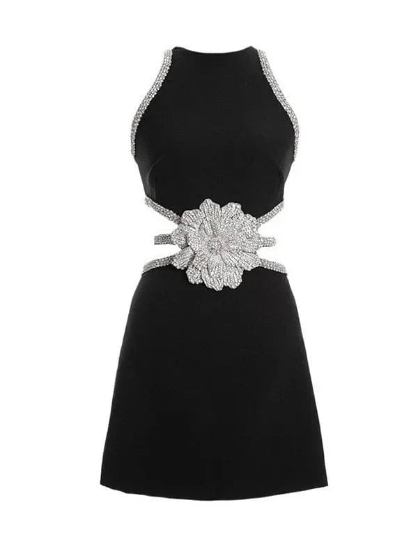 Bettergirl Fashion Hollow Out Patchwork Black Sexy Short Dress Women's Clothing 2024 Summer New Diamond Floral Women's Dresses