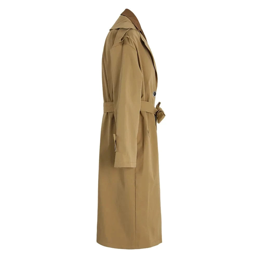 Bettergirl Fashion Patchwork V-neck Khaki Loose Trench Coat Women's Clothing 2024 Spring High Quality Elegant Women's Dresses
