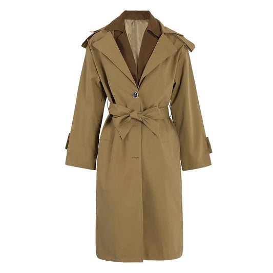 Bettergirl Fashion Patchwork V-neck Khaki Loose Trench Coat Women's Clothing 2024 Spring High Quality Elegant Women's Dresses