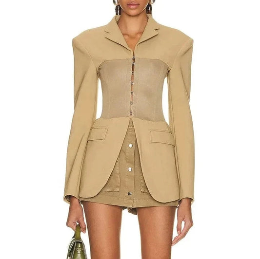 Bettergirl Fashion Stand Collar Patchwork High Waist Button Tight Khaki Coat Women's Clothing 2024 Spring Long Women's Dresses