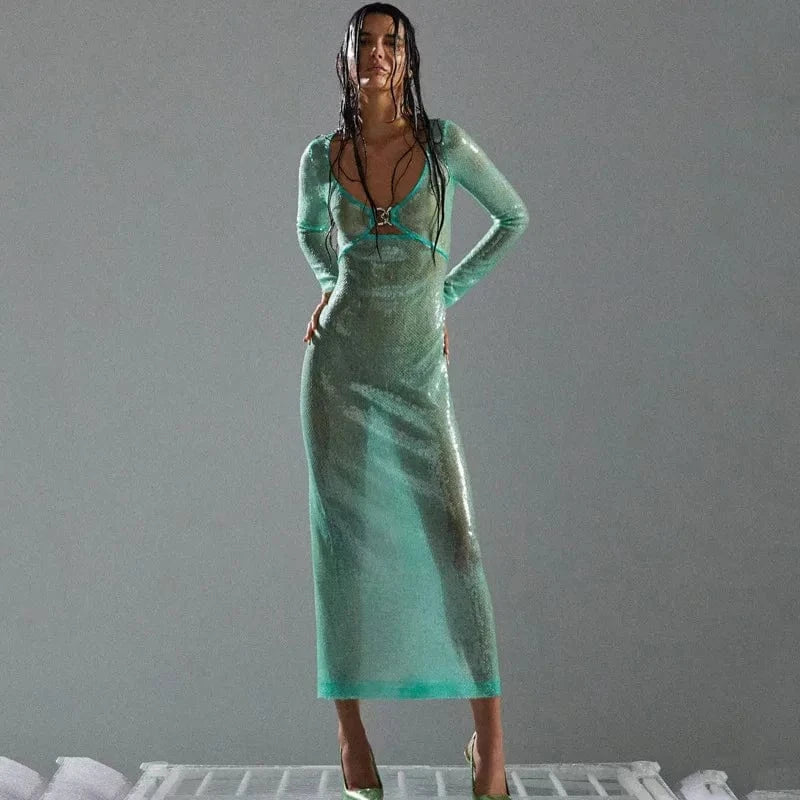 Bettergirl Fashion V-neck Sequin Long Blue Dress Women's Clothing 2024 Summer New Hollow Sexy Elegant Women's Dresses