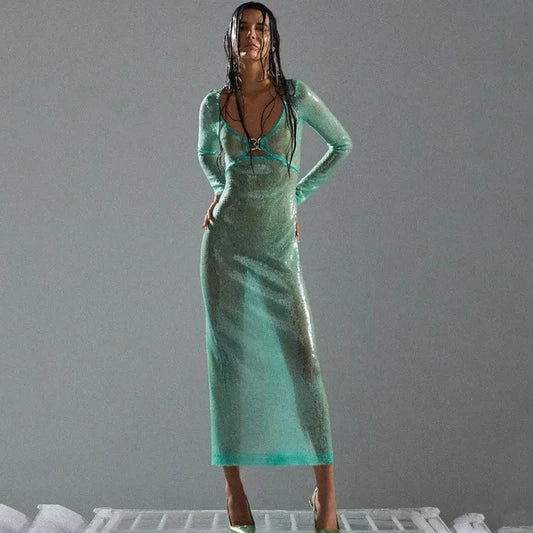 Bettergirl Fashion V-neck Sequin Long Blue Dress Women's Clothing 2024 Summer New Hollow Sexy Elegant Women's Dresses