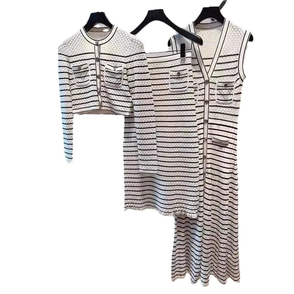 Bettergirl New striped single breasted knitted top jacket for women+half skirt+dress for early spring in 2024