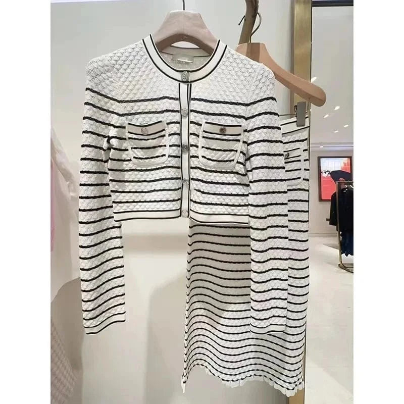 Bettergirl New striped single breasted knitted top jacket for women+half skirt+dress for early spring in 2024