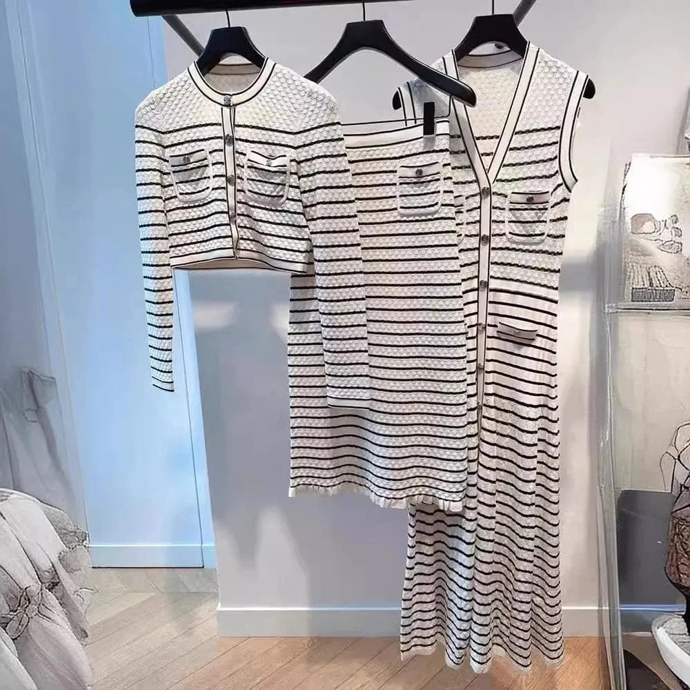 Bettergirl New striped single breasted knitted top jacket for women+half skirt+dress for early spring in 2024