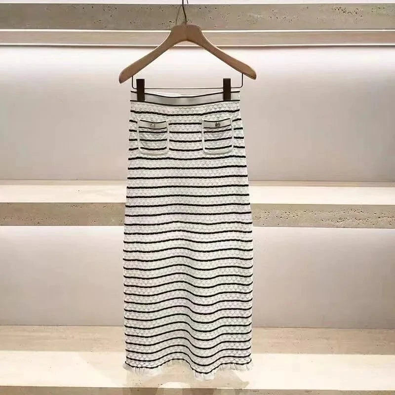 Bettergirl New striped single breasted knitted top jacket for women+half skirt+dress for early spring in 2024