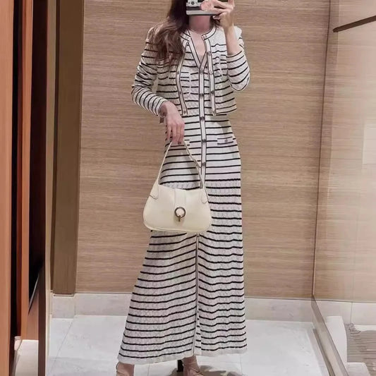 Bettergirl New striped single breasted knitted top jacket for women+half skirt+dress for early spring in 2024