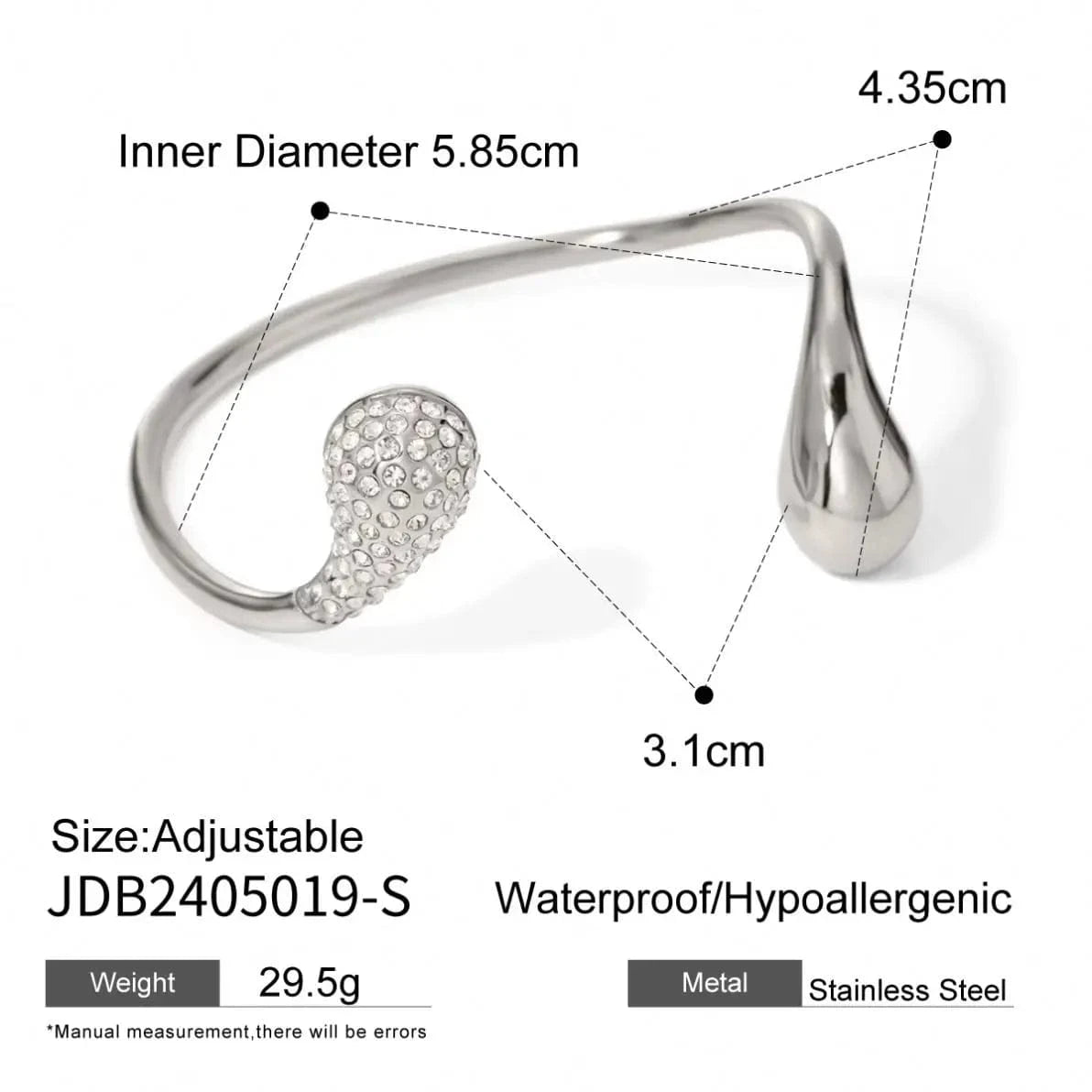 BG873 18k Gold Stainless Steel Asymmetrical Teardrop Crystal Open Bangle Bracelet