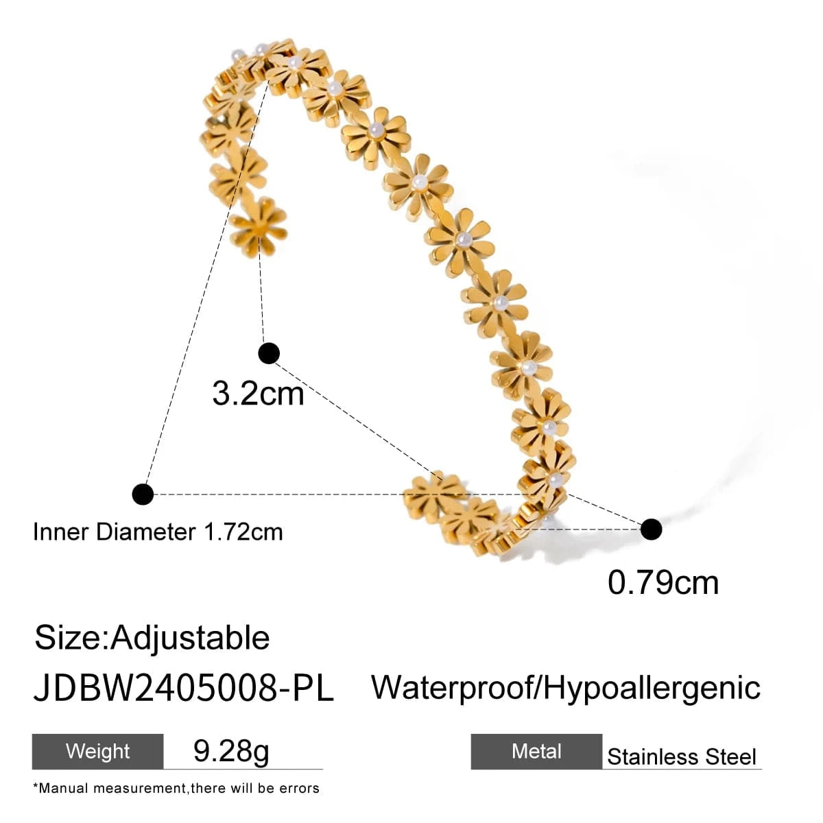 BG875 18K Gold Plated Stainless Steel Daisy White Crystal Open Bangle