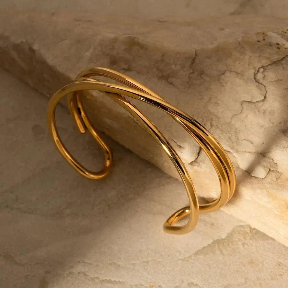 BG883 / 5.72cm / BG883 BG883 New Trend 18K Gold Plated Stainless Steel Bracelet For Women Three Layer Line Opening Cuff Bangles
