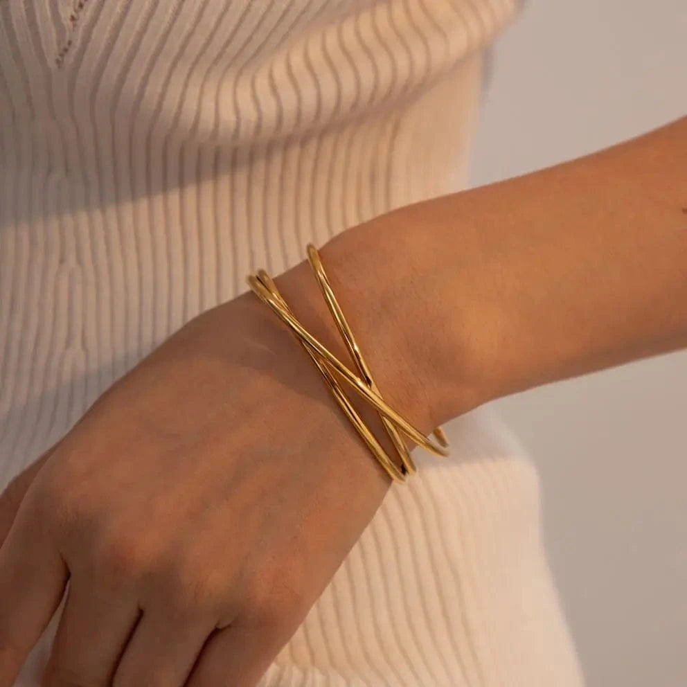 BG883 / 5.72cm / BG883 BG883 New Trend 18K Gold Plated Stainless Steel Bracelet For Women Three Layer Line Opening Cuff Bangles