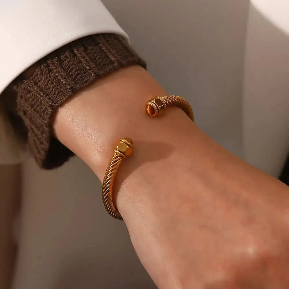 BG894 Waterproof 18k Gold Plated Stainless Steel Jewelry Party Gift Twist Pave Opening Nature Stone Bangles