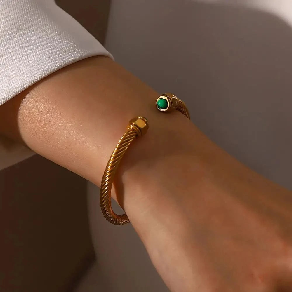 BG894 Waterproof 18k Gold Plated Stainless Steel Jewelry Party Gift Twist Pave Opening Nature Stone Bangles