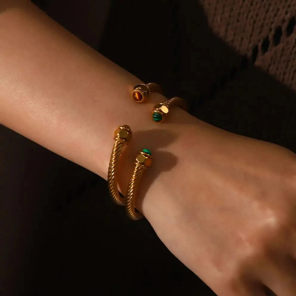 BG894 Waterproof 18k Gold Plated Stainless Steel Jewelry Party Gift Twist Pave Opening Nature Stone Bangles