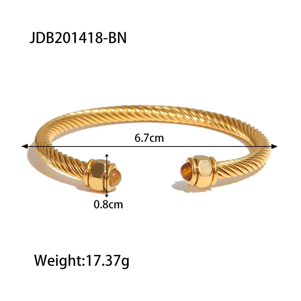 BG894 Waterproof 18k Gold Plated Stainless Steel Jewelry Party Gift Twist Pave Opening Nature Stone Bangles