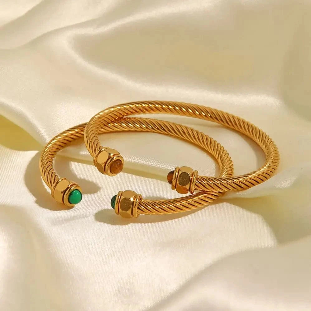 BG910 New Trendy18k Gold Plated Stainless Steel Jewelry Party Gift Nature Stone Twist Pave Opening Bangles