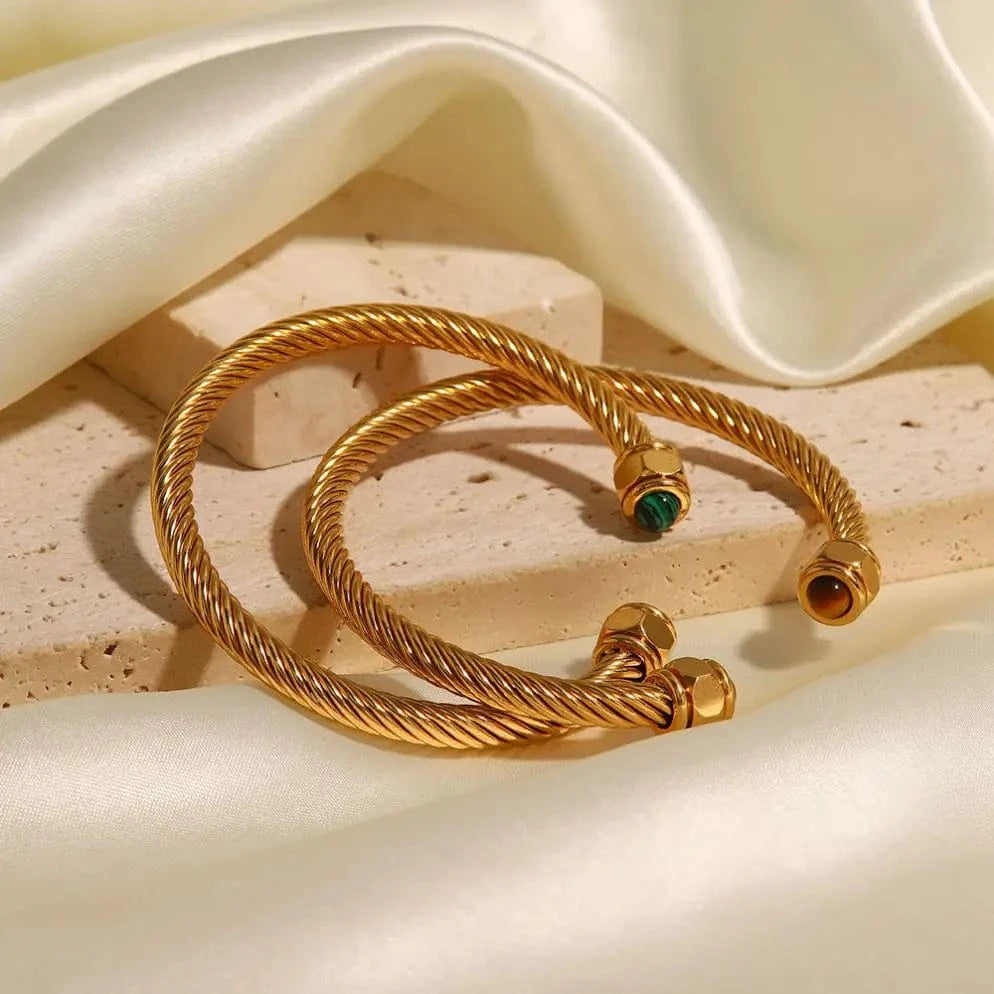 BG910 New Trendy18k Gold Plated Stainless Steel Jewelry Party Gift Nature Stone Twist Pave Opening Bangles