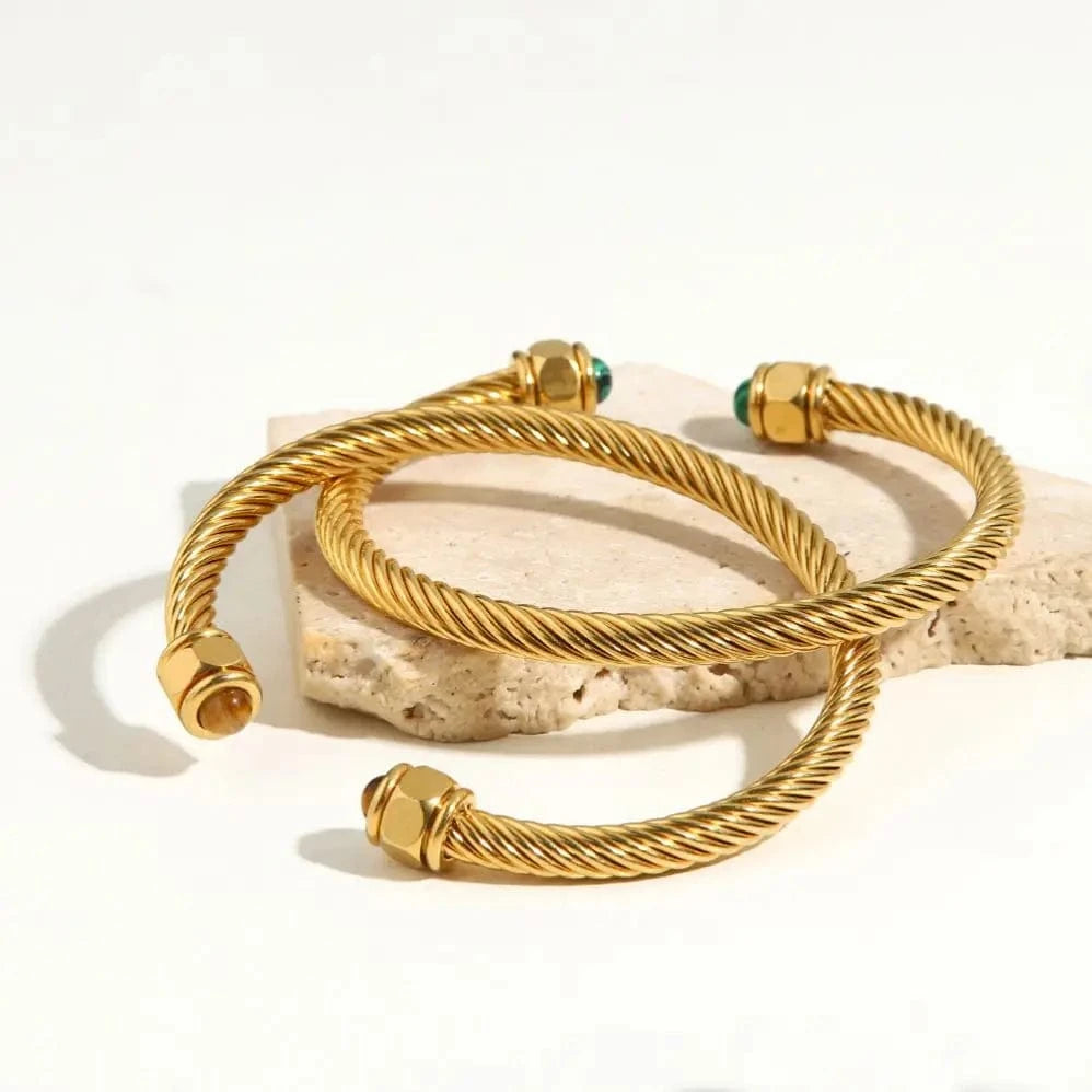 BG910 New Trendy18k Gold Plated Stainless Steel Jewelry Party Gift Nature Stone Twist Pave Opening Bangles