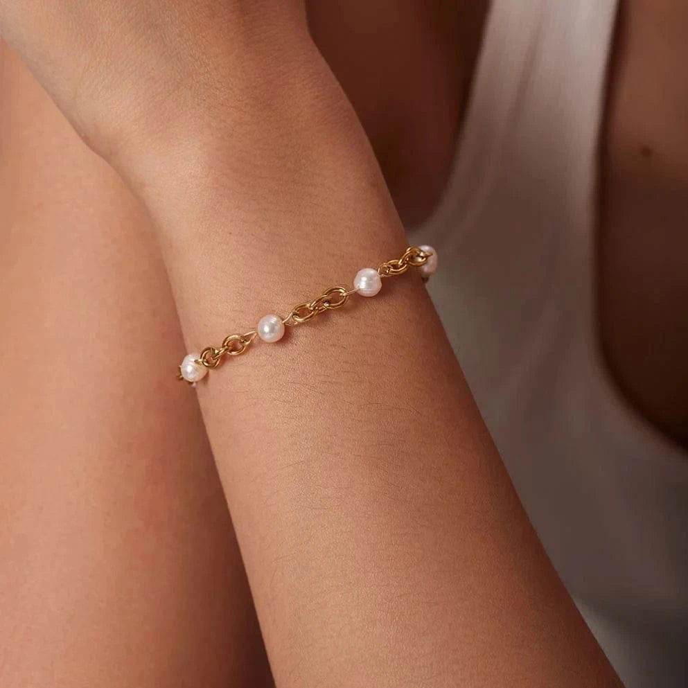 BG928 / 16+5cm / BG928 BG928 18k Gold Stainless Steel Women Luxury Dainty Chain Bangles Natural Freshwater Pearl Bracelets