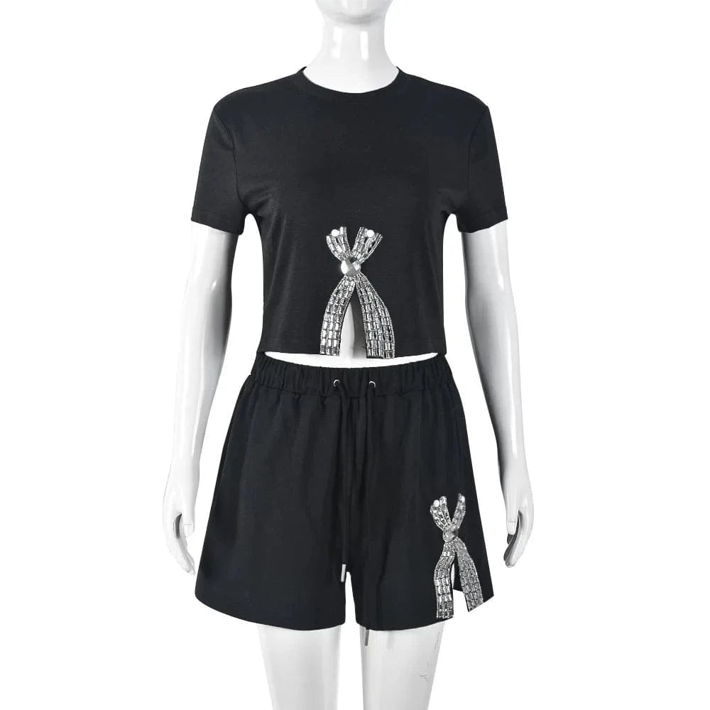 BH1109 2024 women  summer new crop lace up hot diamond round neck two piece shorts set