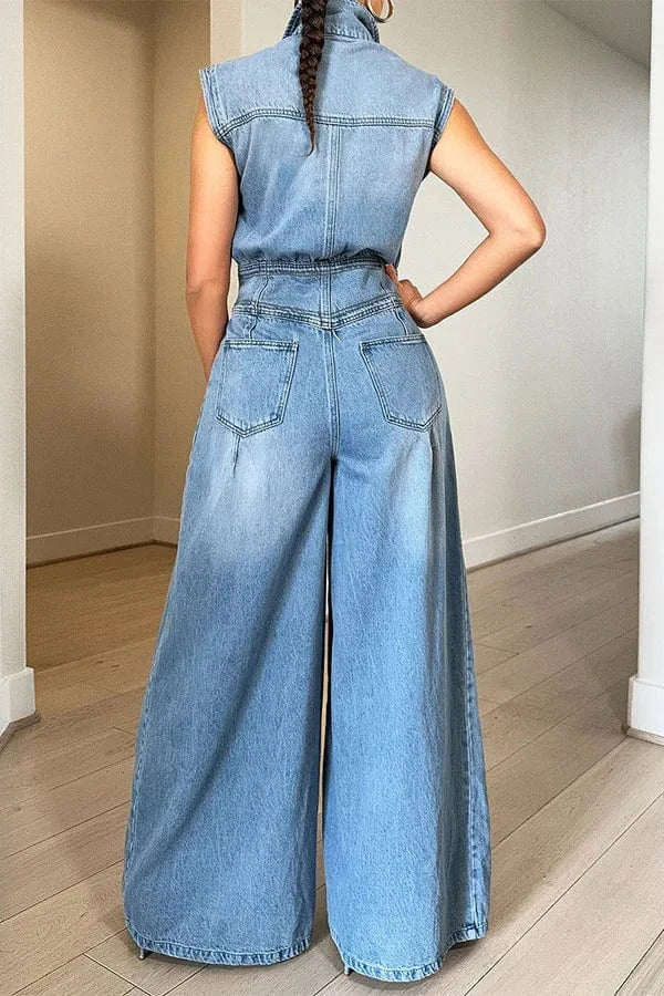 BH1212 Casual washed sleeveless denim wide leg one piece jumpsuit